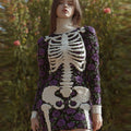 Comstylish Women's Vintage Halloween Skeleton Bones With Rose Art Cozy Knit Mini Sweater Dress
