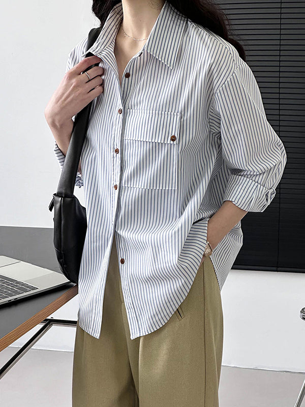 Long Sleeves Loose Buttoned Pockets Striped Lapel Blouses&shirts Tops