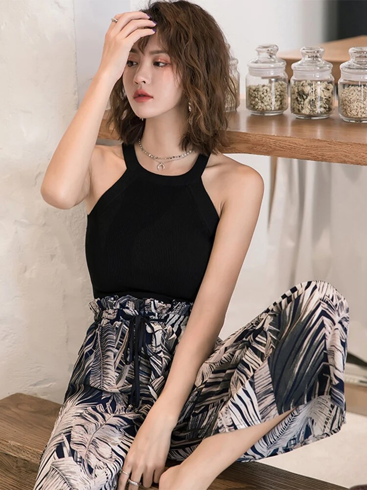 Tops Crop Top Off Shoulder Stretchy Knitted Tank Tops Female Sleveless Vest Halter Summer Tops for