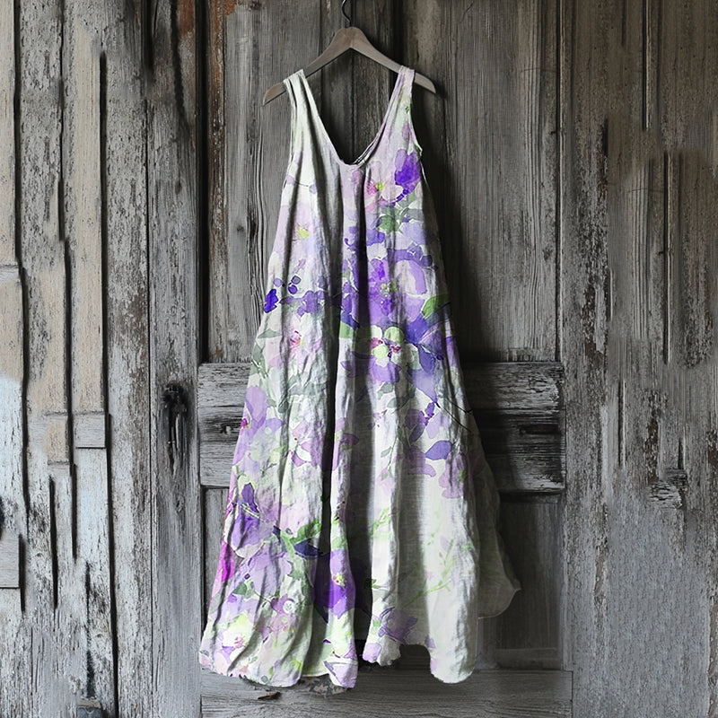 Vintage Violet Floral Art Linen Tank Dress elevenforest