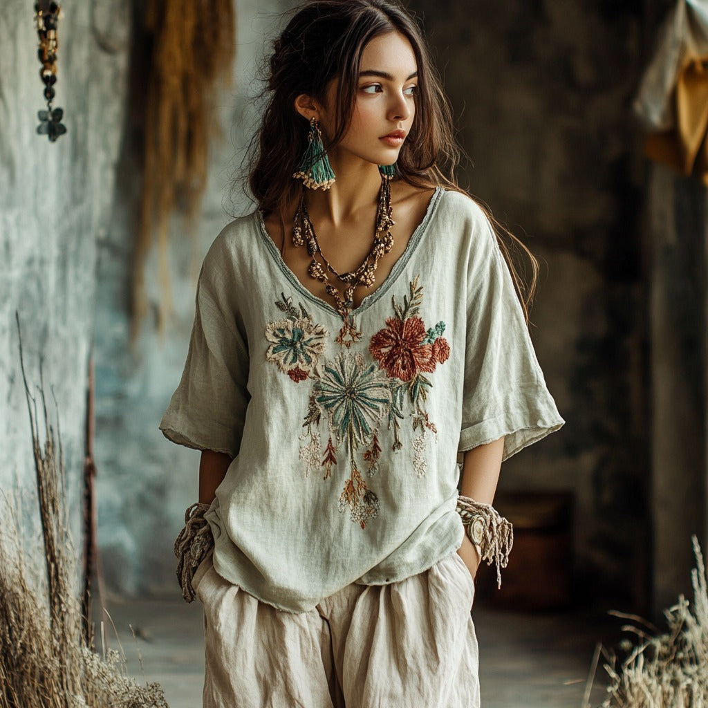 Women's Floral Embroidery V Neck Casual Linen Top elevenforest