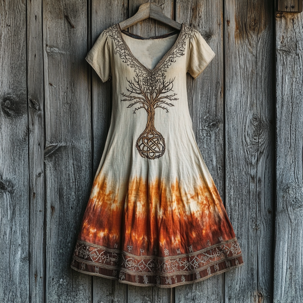 Women's Vintage Viking Tree Of Life Printed Cotton And Linen Dress elevenforest