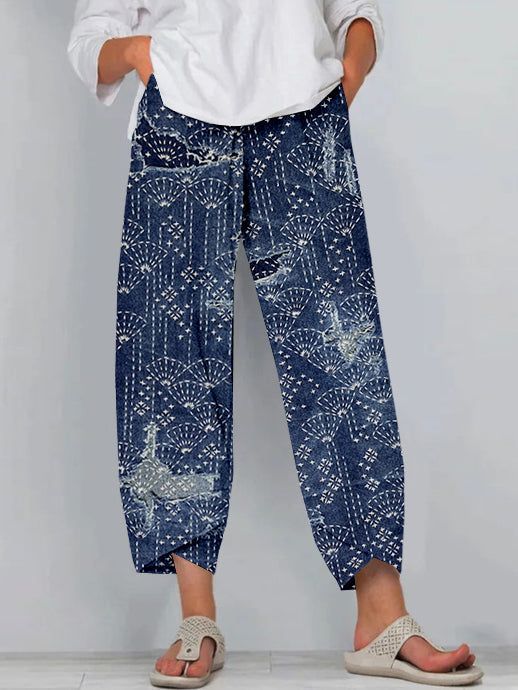 Japanese Sashiko Art Cropped Casual Pants elevenforest
