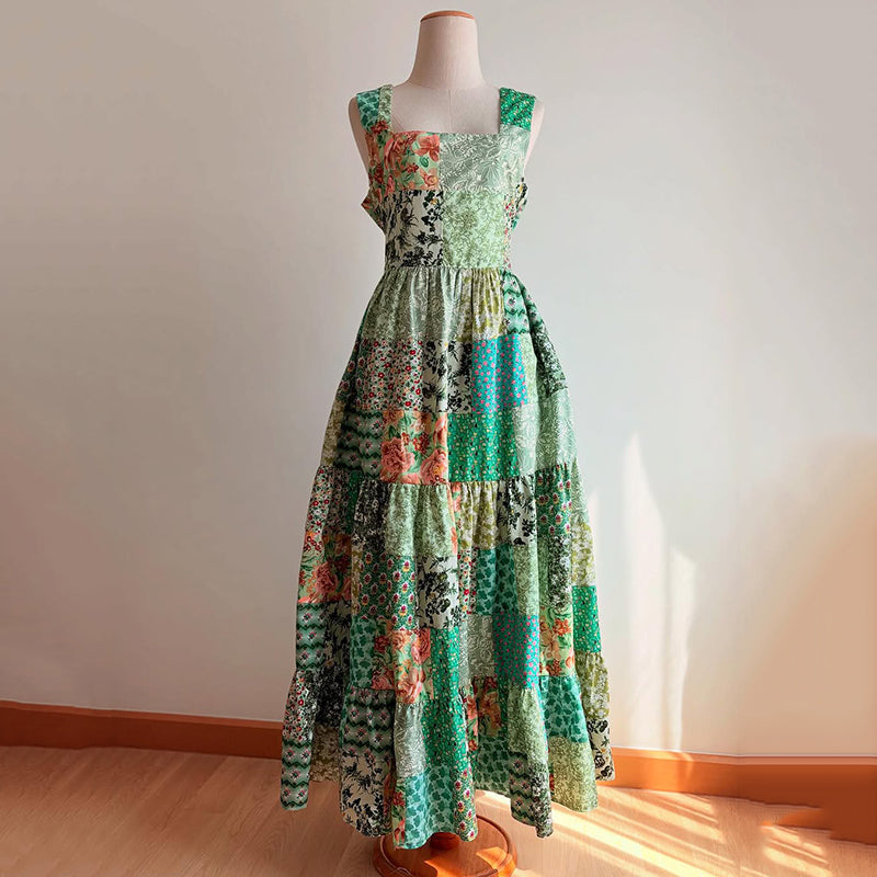 Women's Retro Floral Stitching Sleeveless Casual Dress elevenforest