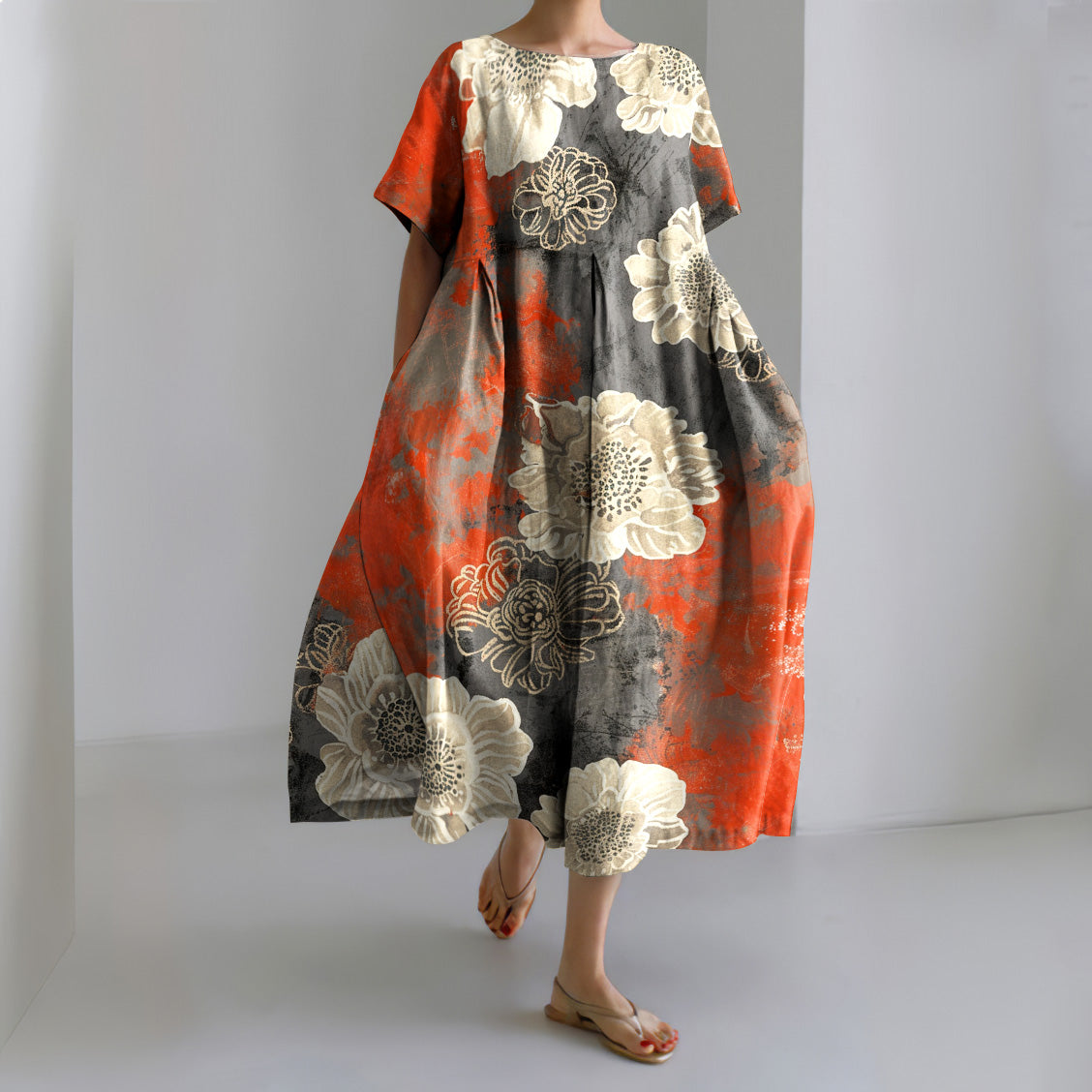 Vintage Japanese Art Flower Print Midi Dress elevenforest