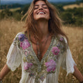 Ladies' Floral Embroidery V-neck White Short-sleeved Shirt elevenforest