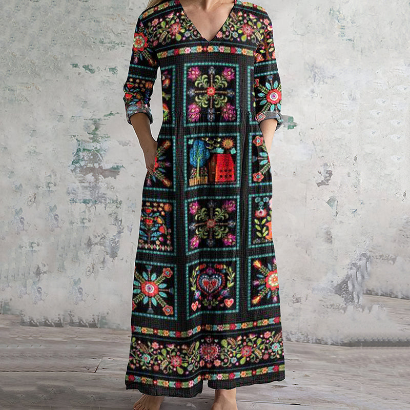 Women's Vintage Swedish Folk Floral Art Cotton And Linen Dress elevenforest