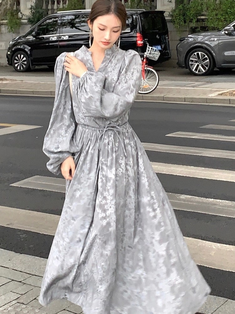 Midi Dress Printed Lantern Sleeve V-neck French Autumn Lace Up Female Evening Party Vestidos Mujer