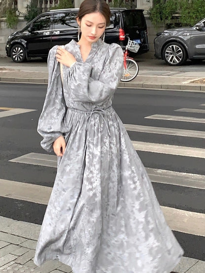 Midi Dress Printed Lantern Sleeve V-neck French Autumn Lace Up Female Evening Party Vestidos Mujer