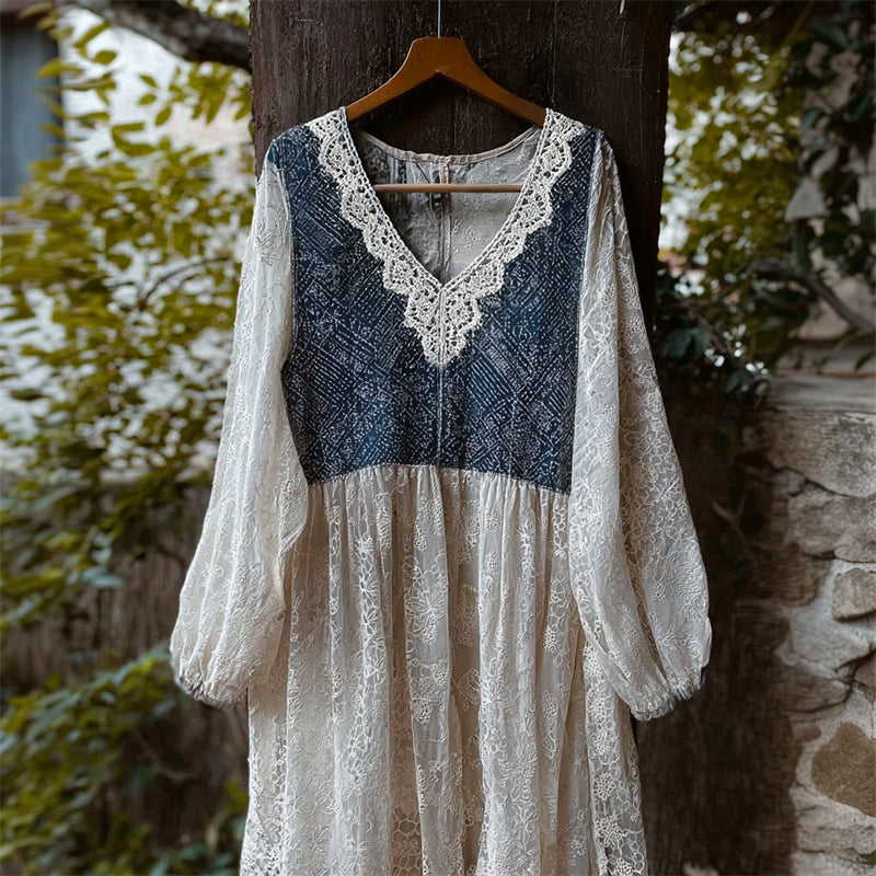 Boho Lace Japanese Sashiko Patchwork Flowy Maxi Dress elevenforest