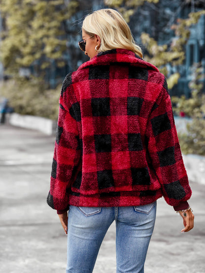 Bust Pocket Plaid Fleece Coat - Red
