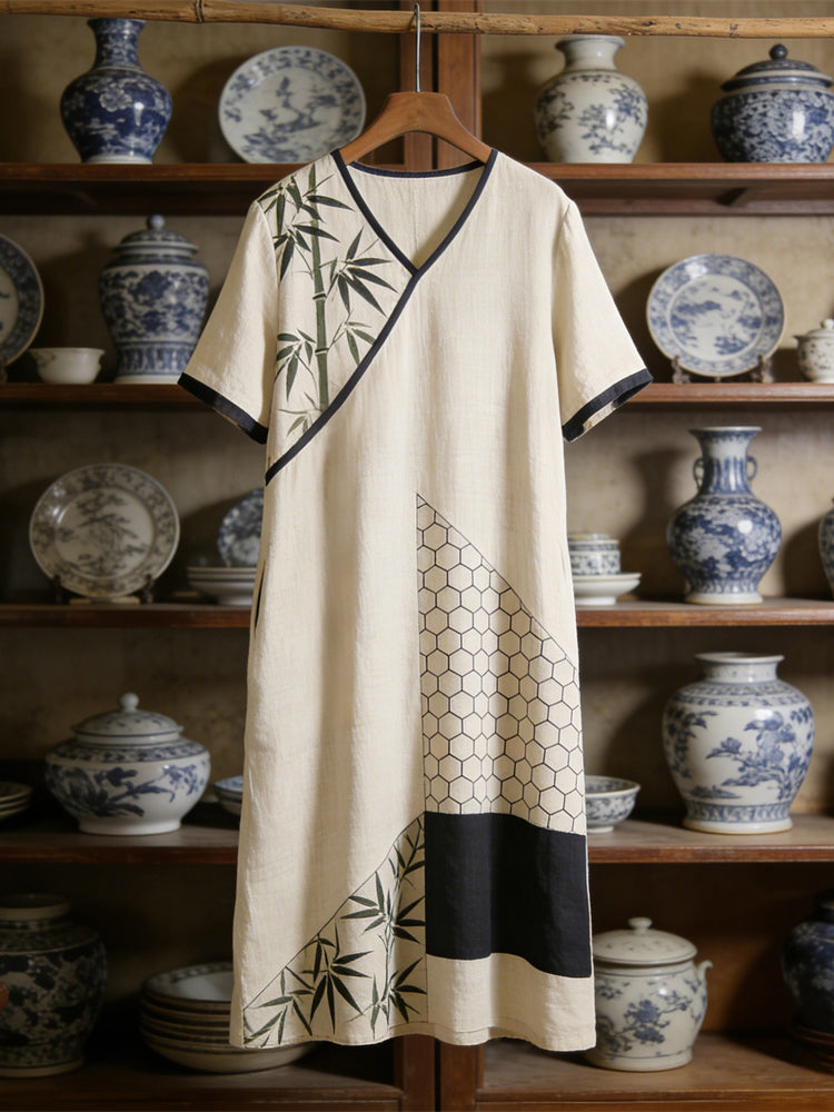 Comstylish Japanese Bamboo Leaf Geometric Patchwork Women's Linen Short Sleeve Maxi Dress