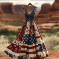 Women's Independence Day Rose Patchwork Art Linen Tank Lace-up Dress elevenforest