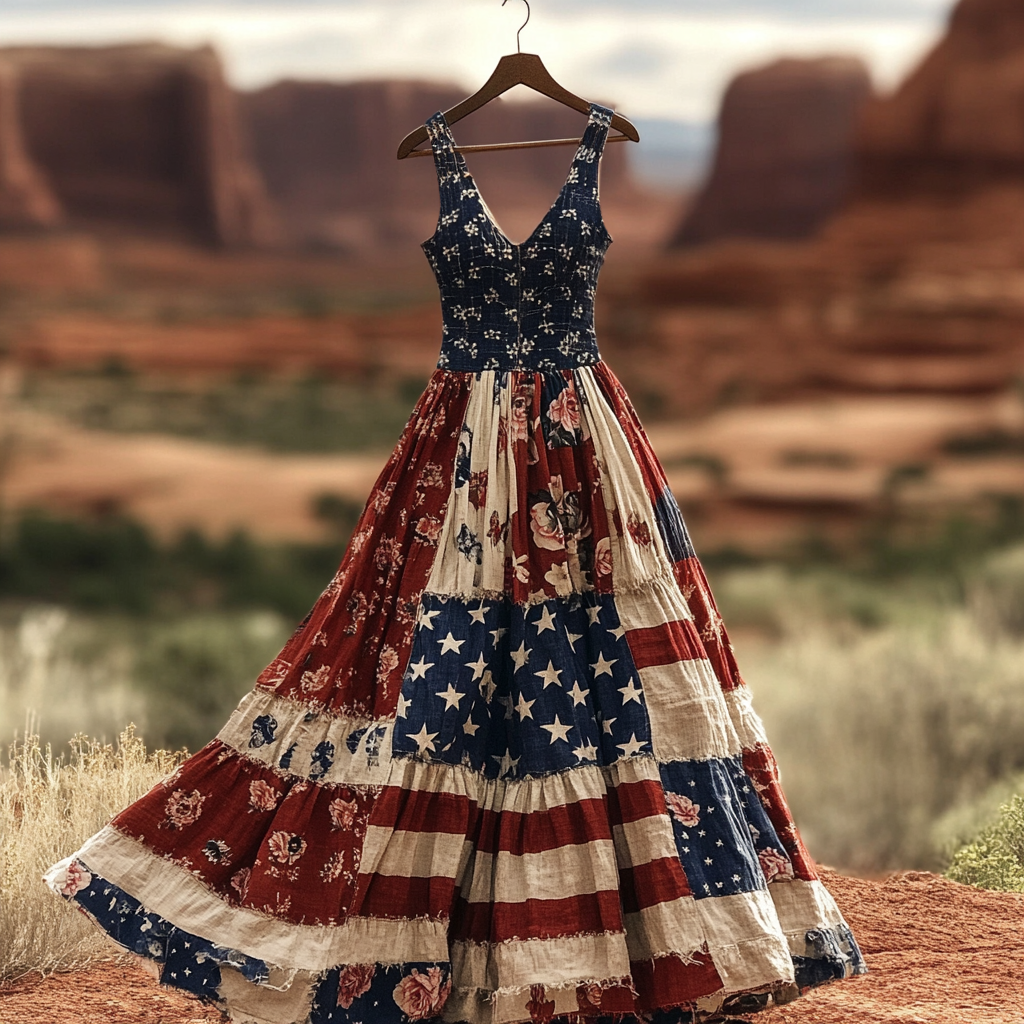 Women's Independence Day Rose Patchwork Art Linen Tank Lace-up Dress elevenforest