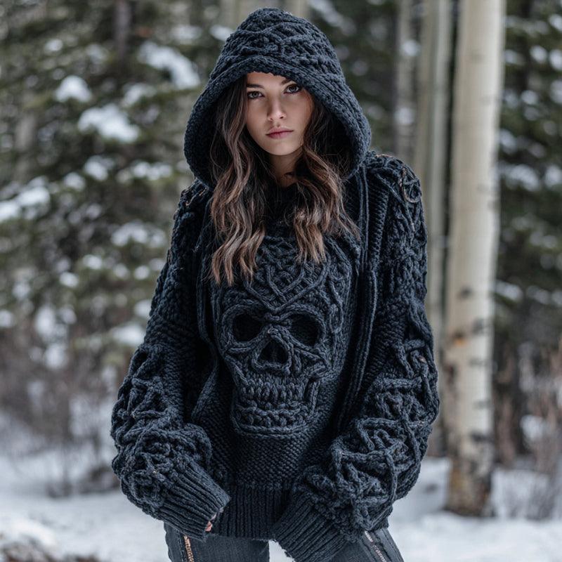 Women' Vintage Viking Tribal Celtic Skull Gradient Art Chunky Knit Hooded Sweater elevenforest