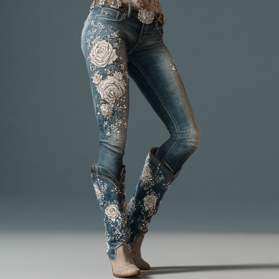 White Rose Print Women's Skinny Jeans elevenforest