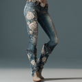 White Rose Print Women's Skinny Jeans elevenforest