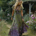 Women's Vintage Gradient Violet Floral Casual V-neck Dress elevenforest