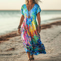 Women's Colorful Abstract Art Print V Neck Pocket Cotton Dress