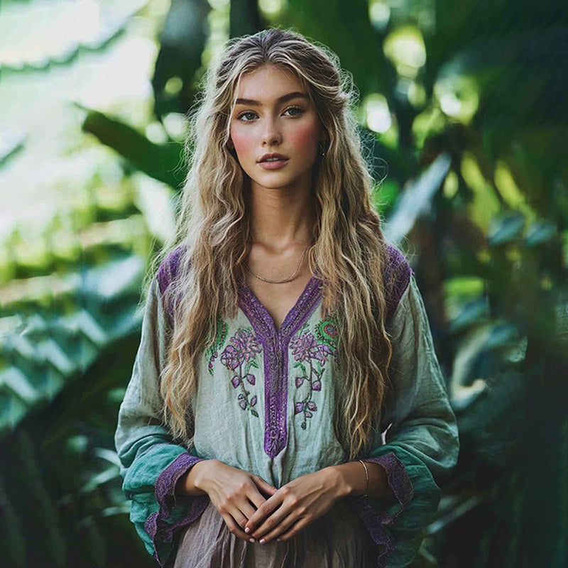 Retro Boho Floral Tribal Embroidery Print Cotton And Linen Blend Loose Blouse elevenforest