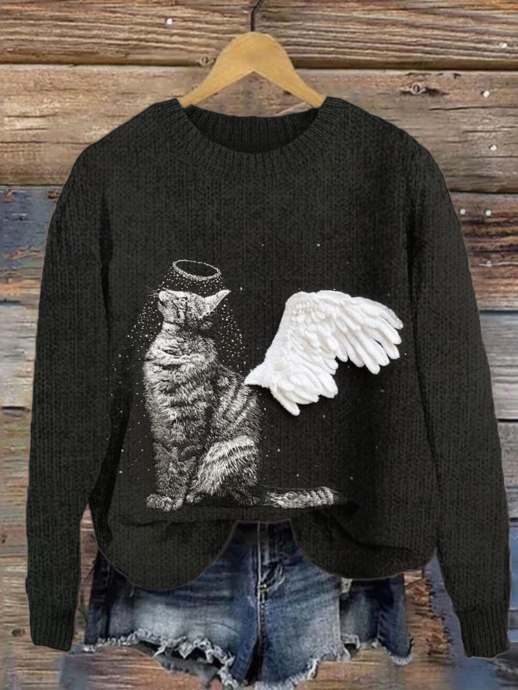 Angel Cat 3d Embroidery Women's Cozy Sweater elevenforest