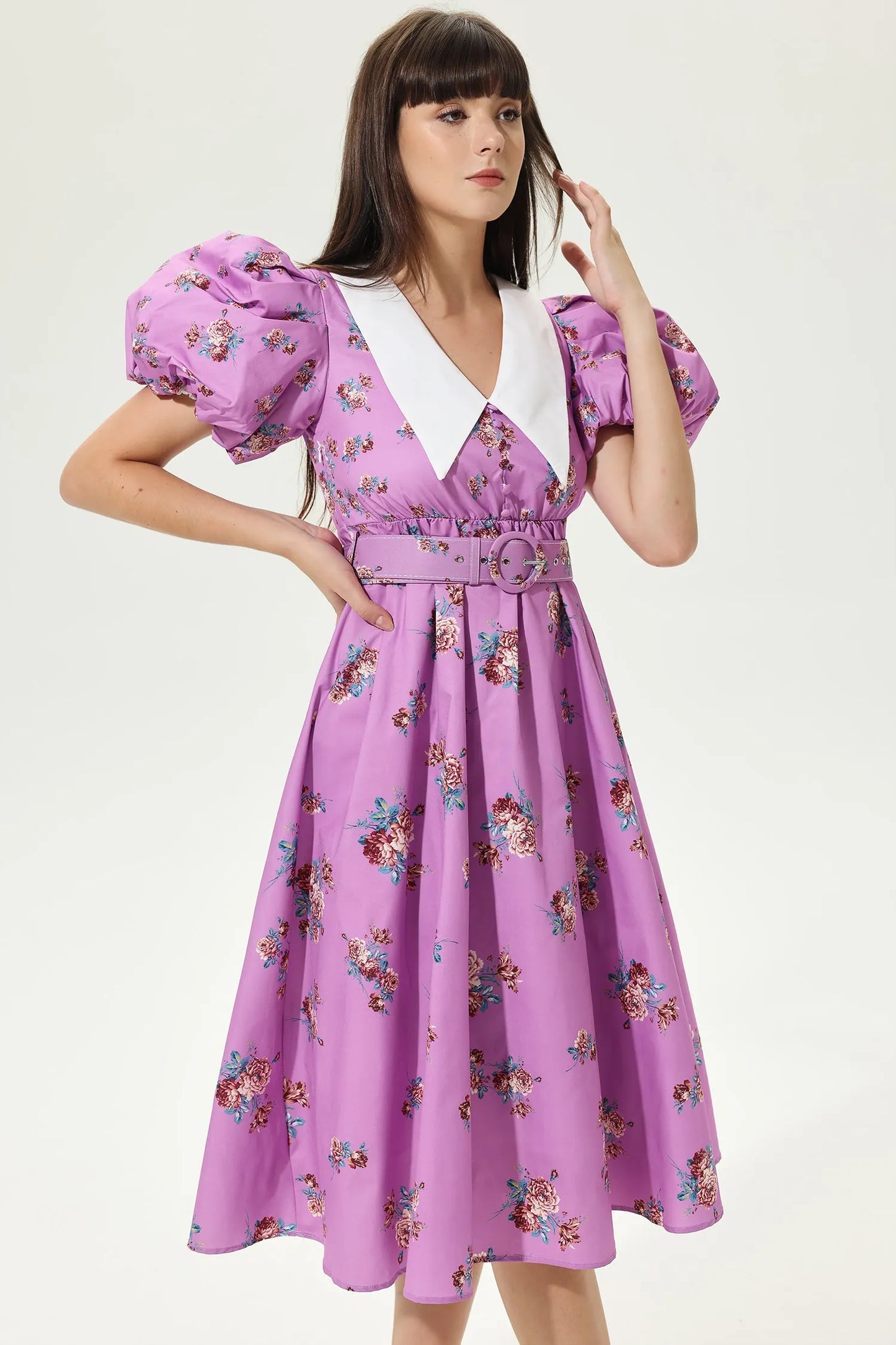 Puff Sleeves V-neck Tapered Waist Midi Dress