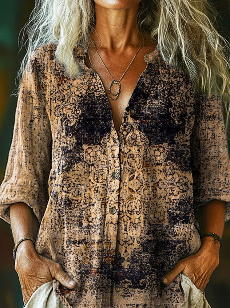 Women's Ethnic Totem Art Print Casual Cotton and Linen Shirt