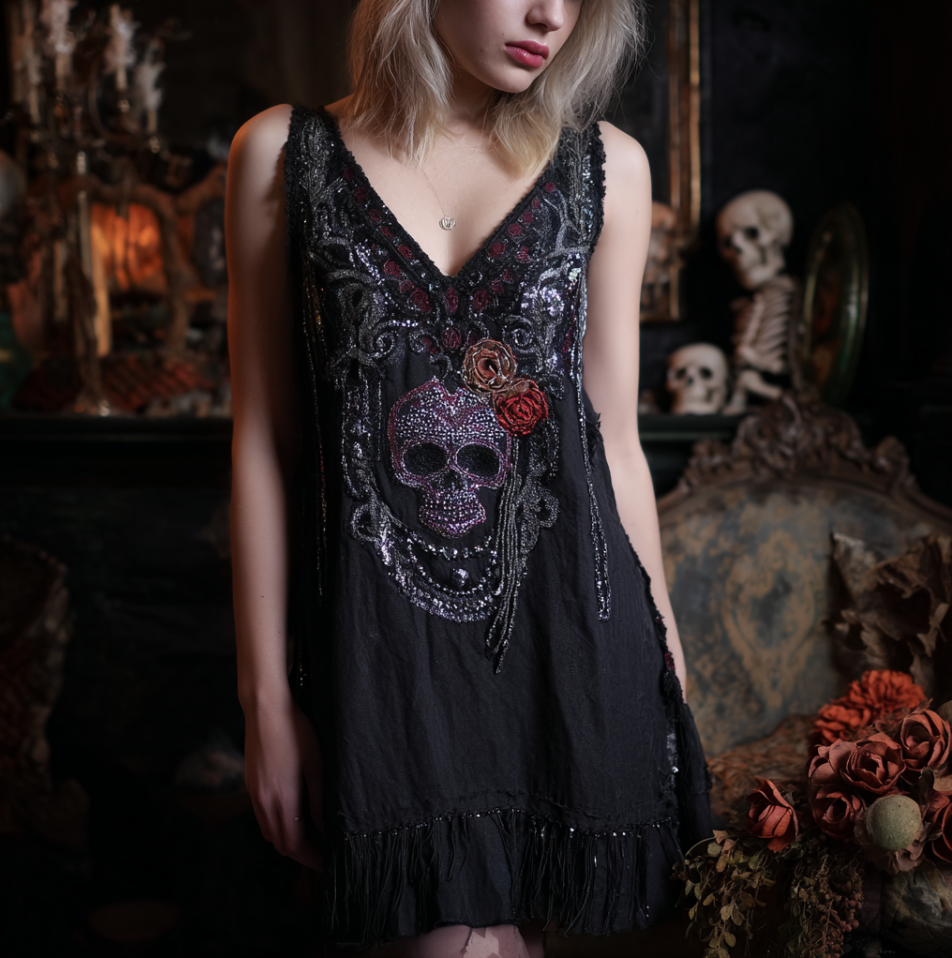 Halloween Skeleton Element V-neck Short Sleeve Dress elevenforest