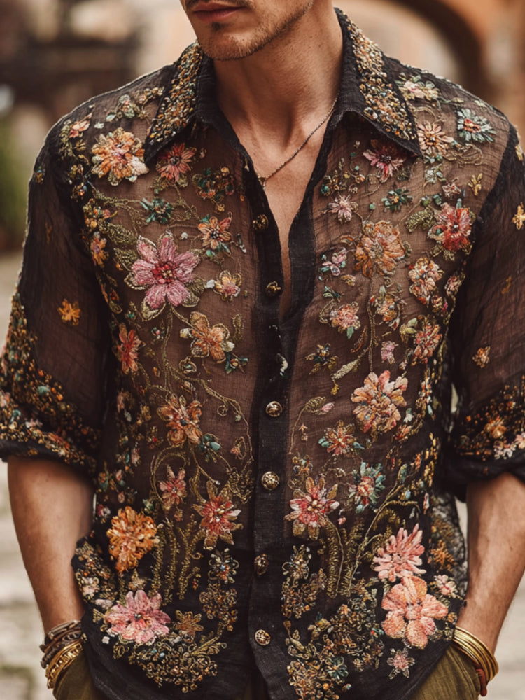 Bohemian Embroidered Flower Lapel Long-sleeved Shirt elevenforest
