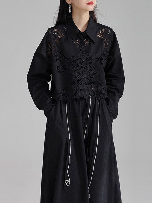 Long Sleeves Loose Buttoned Hollow Color Lapel Blouses&shirts Tops