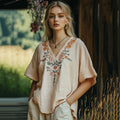 Women's Bohemian Flowers Art Casual Linen Top elevenforest