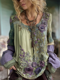Vintage Purple Lavender And Floral Embroidered Linen Long Sleeve Shirt elevenforest