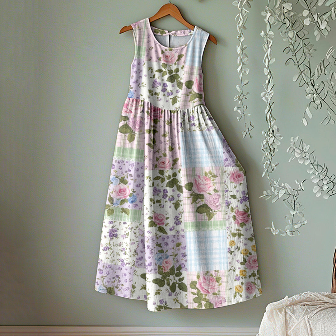 Vintage Flower Patchwork Print Round Neck Tank Midi Dress elevenforest
