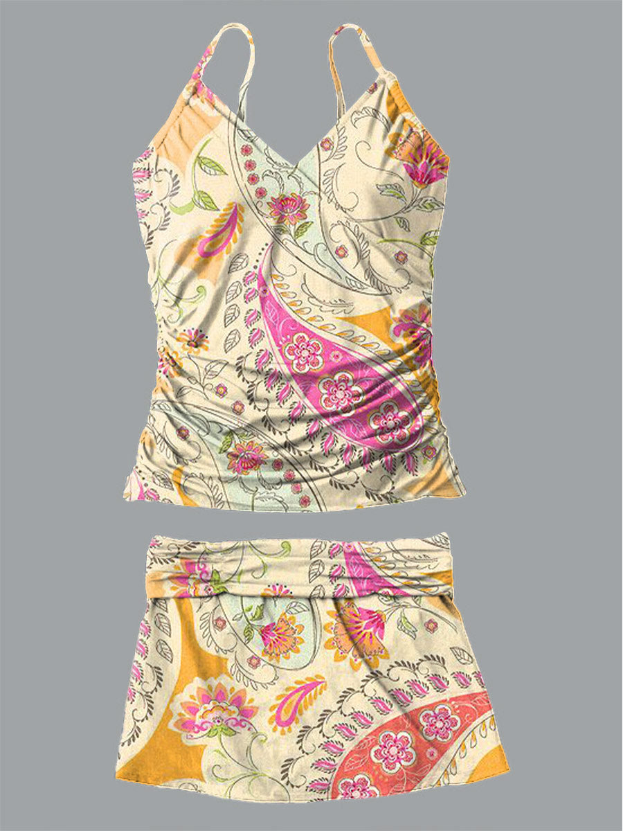 Women's Bohemian Floral V-Neck Print Suspender Skirt Tankini Pantskirt Set Swimsuit