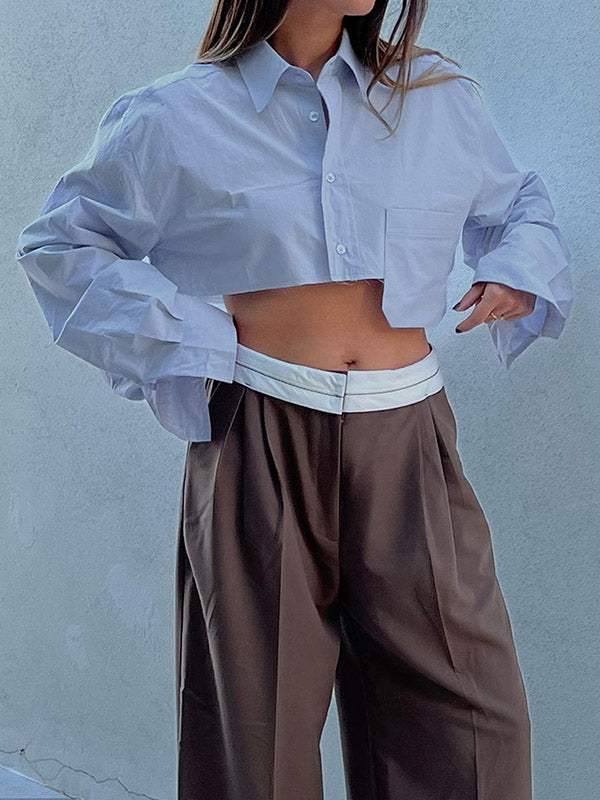 Long Sleeves Loose Asymmetric Buttoned Pockets Color Split-joint Lapel Blouses&shirts Tops