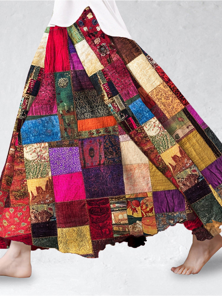 Vintage Boho Patchwork Linen Flowy Skirt elevenforest