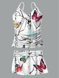 Women's Butterfly Print Suspender Shirred Swimsuit Set