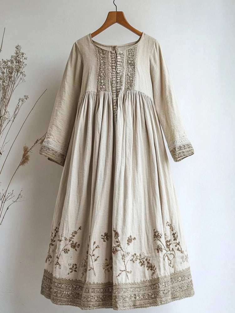 Vintage Floral Embroidered Lace Patchwork Linen Maxi Dress elevenforest