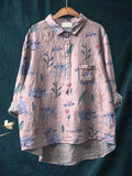 Lovely Cats And Spring Garden Pattern Printed Women's Casual Cotton And Linen Shirt
