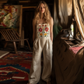 Vintage Floral Embroidered Pattern Art Linen Blend Loose Casual Jumpsuit elevenforest