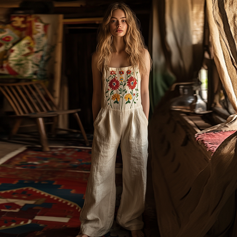 Vintage Floral Embroidered Pattern Art Linen Blend Loose Casual Jumpsuit elevenforest