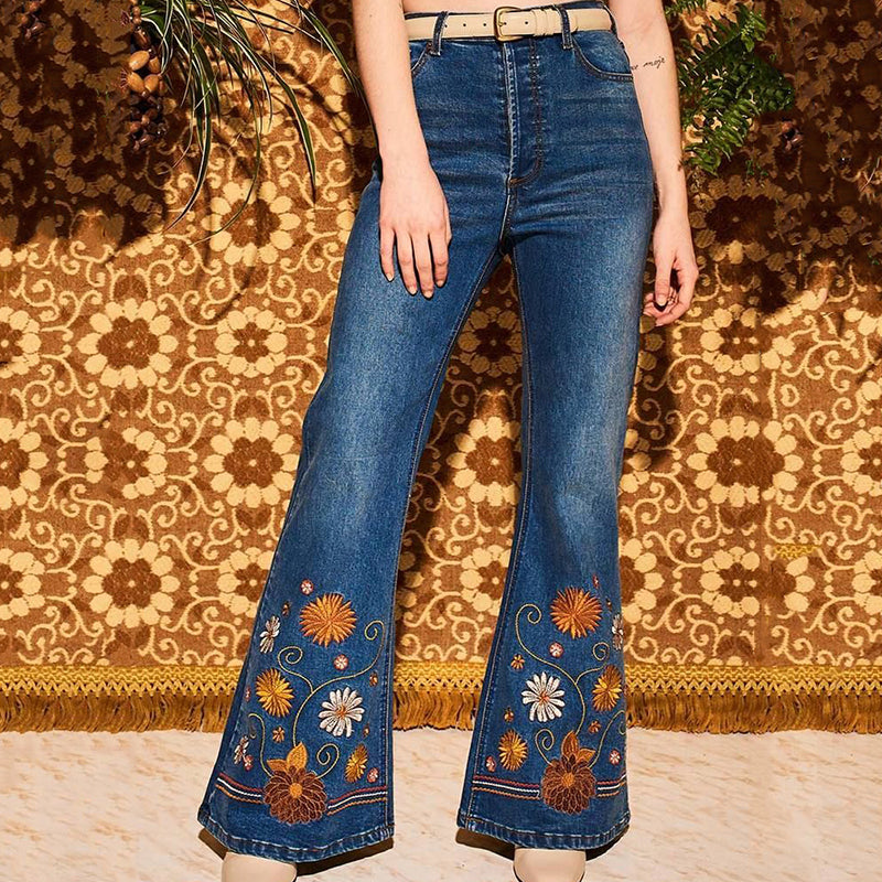 Boho Chrysanthemum Floral Embroidered Bell Bottom Jeans elevenforest