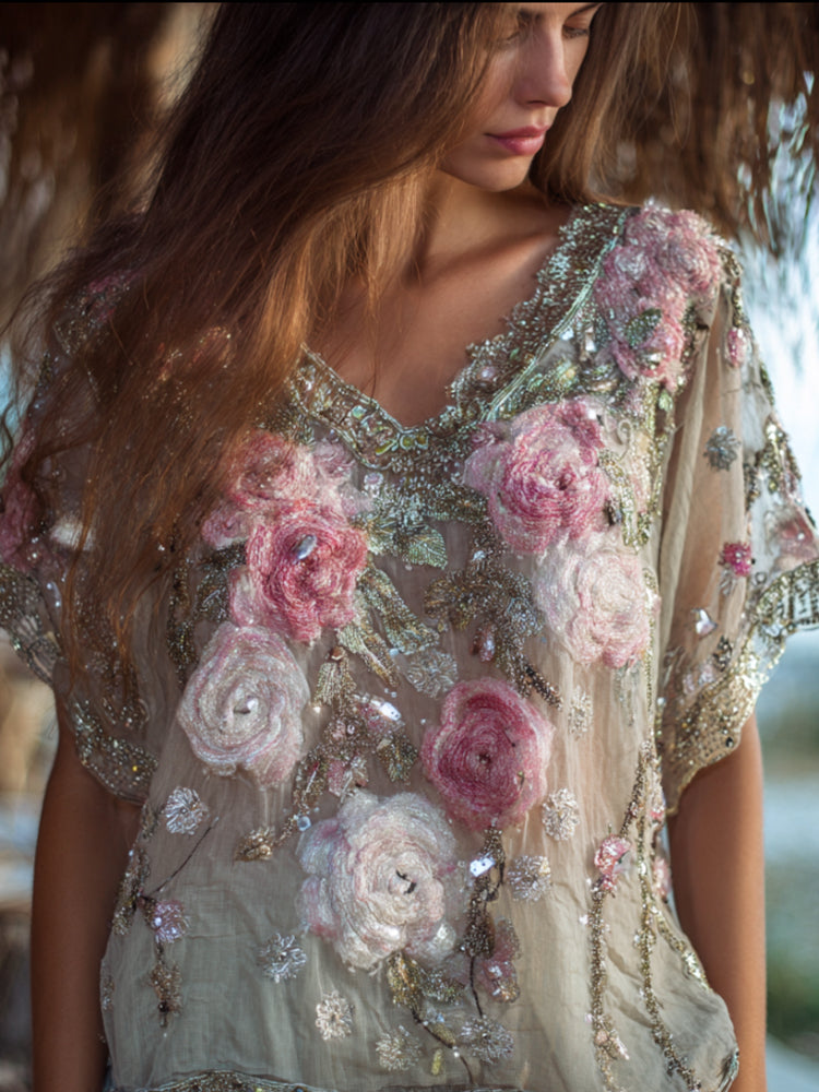 Ladies' Romantic Rose Embroidered Retro Lightweight Short Sleeve V-neck Top elevenforest