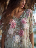 Ladies' Romantic Rose Embroidered Retro Lightweight Short Sleeve V-neck Top elevenforest