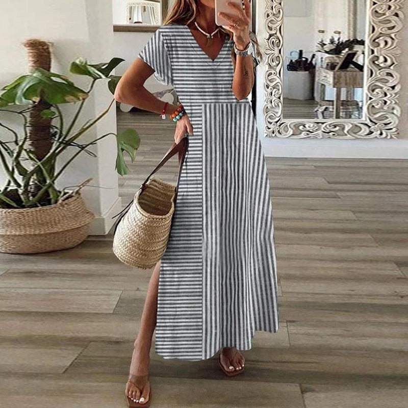Comstylish Vintage Stripe Splicing Art Maxi Dress
