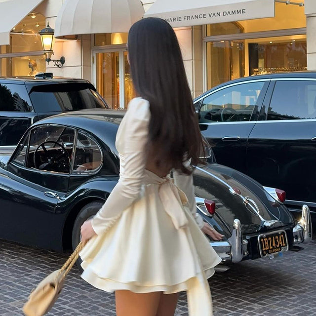 Taruxy Satin Hollow Backless Strappy Long Sleeve Mini Dress for Half Turtleneck Bow Splice Big Hem Party Club Dress