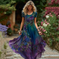 Women's Vintage Floral Embroidery Linen Short Sleeve Dress elevenforest