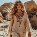 Boho Floral Embroidery Print Cotton And Linen Blend Loose Blouse elevenforest