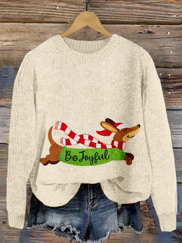Comstylish Be Joyful Dachshund Embroidered Christmas Cozy Sweater