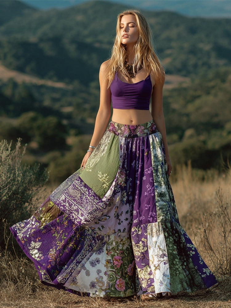 Boho Purple Patchwork Floral Pattern Women's Linen Half-length Skirt elevenforest